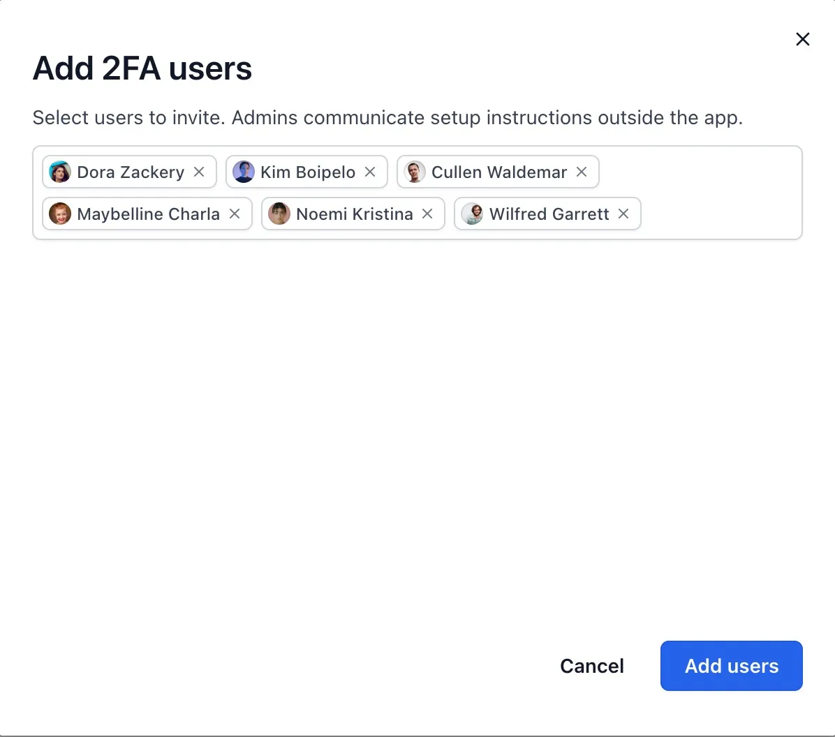 Add 2FA users modal with several selected users in the picker