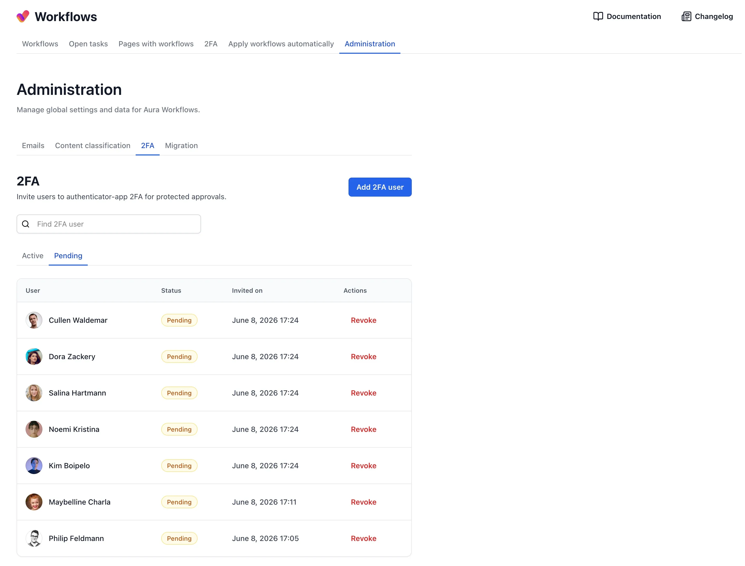 Administration 2FA tab showing pending users with status badges and revoke actions