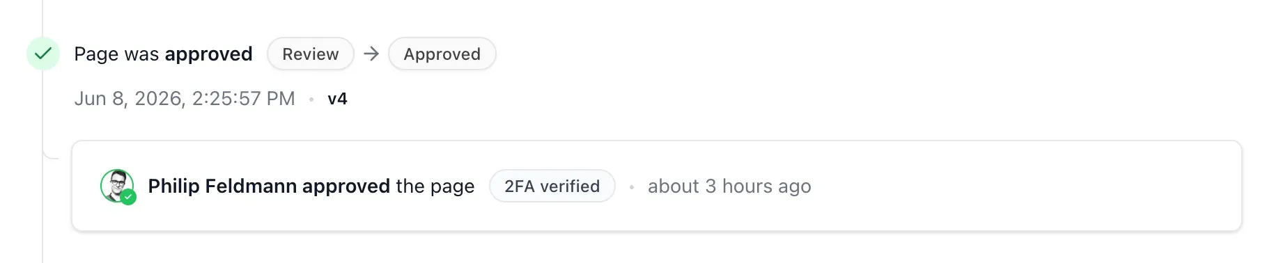 Workflow history entry for an approved page with a 2FA verified badge