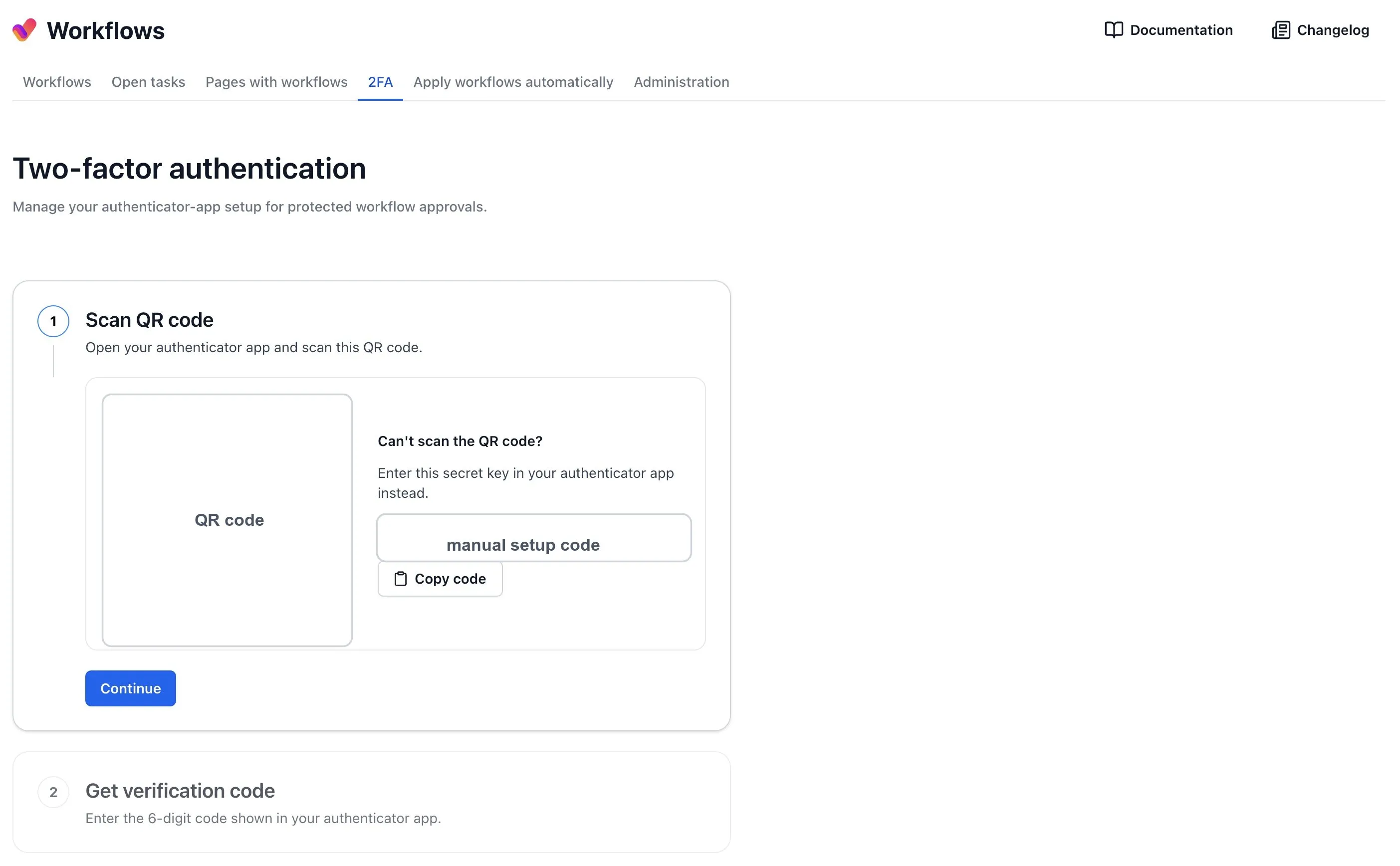User 2FA setup page showing the QR-code step and manual setup code option