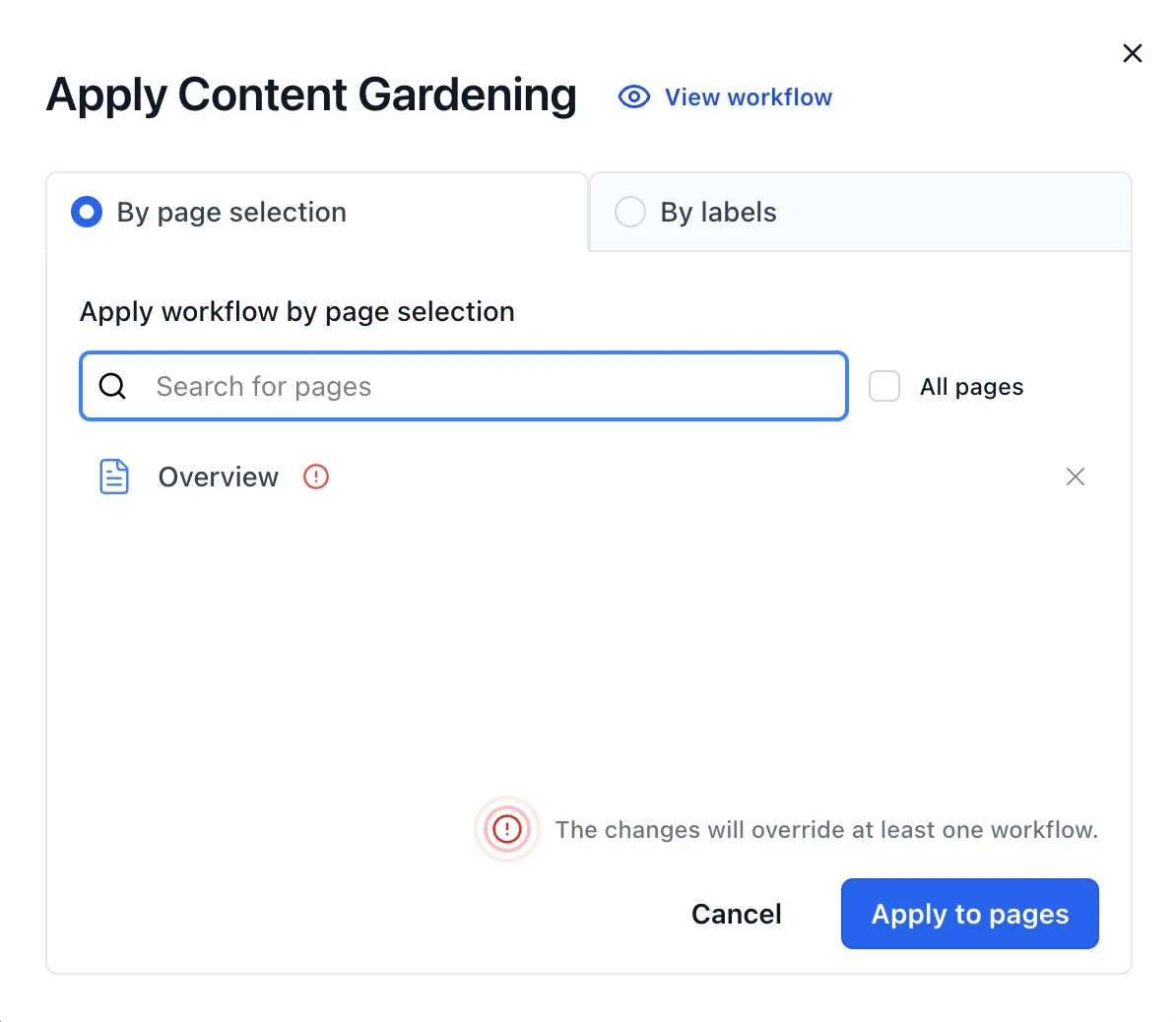 Bulk apply modal with Pages and Labels tabs