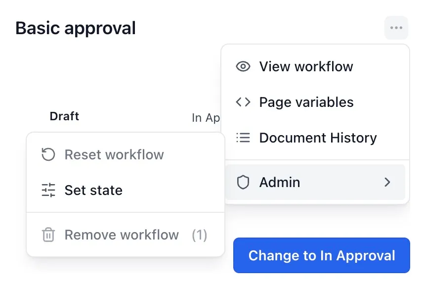 Byline dropdown menu with the Admin submenu open