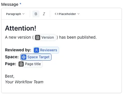 Send email message editor with placeholder chips for version, reviewers, target space, and page title