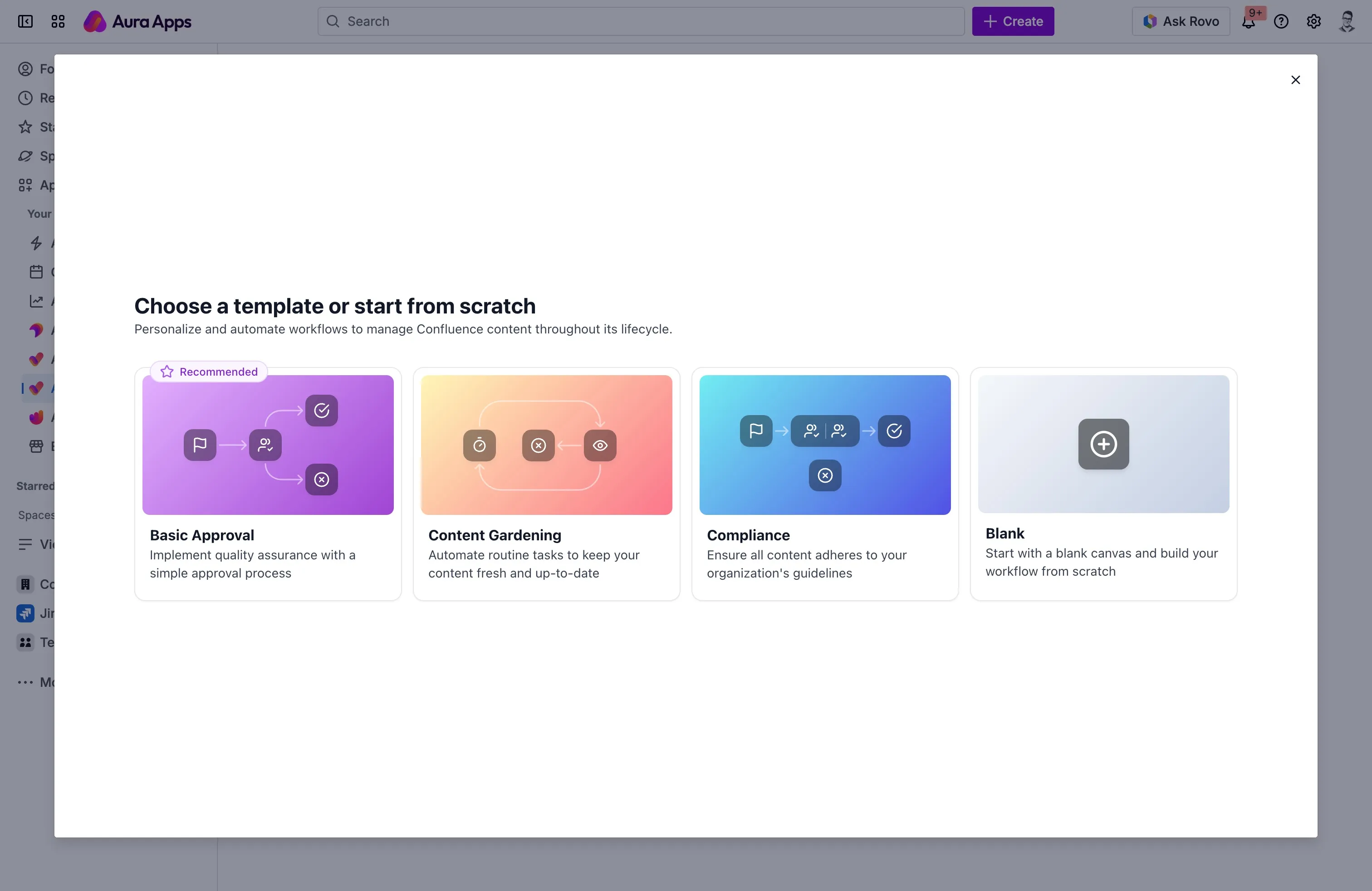 Template picker with Basic Approval, Content Gardening, Compliance, and Blank options
