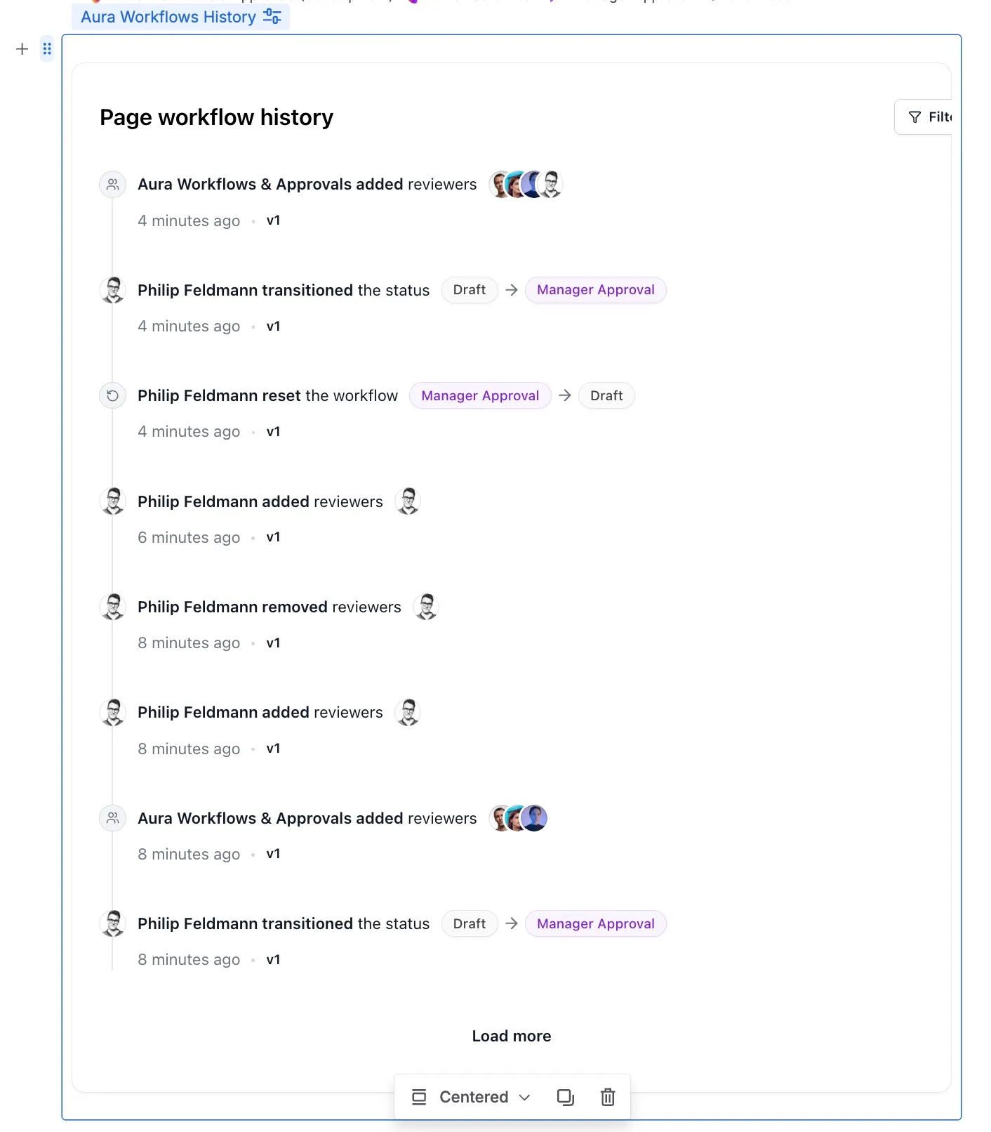 History macro timeline showing transitions, approvals, and a workflow-actions row