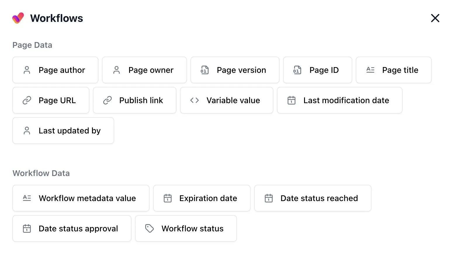 Metadata macro picker dialog showing Page Data and Workflow Data items, including Workflow metadata value