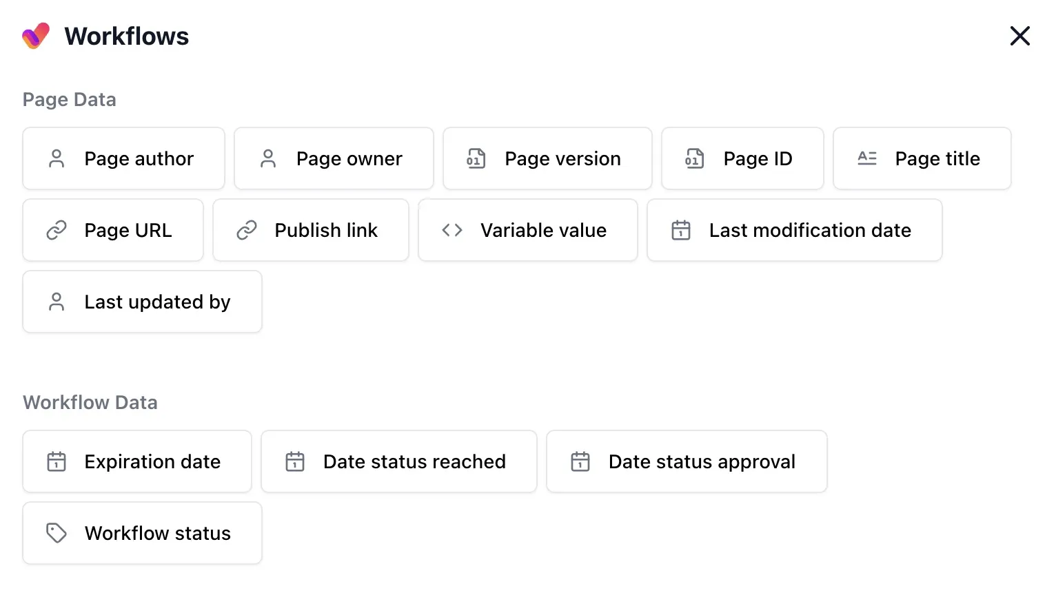Metadata macros placed inline on a Confluence page rendering workflow status, expiration date, and a variable value