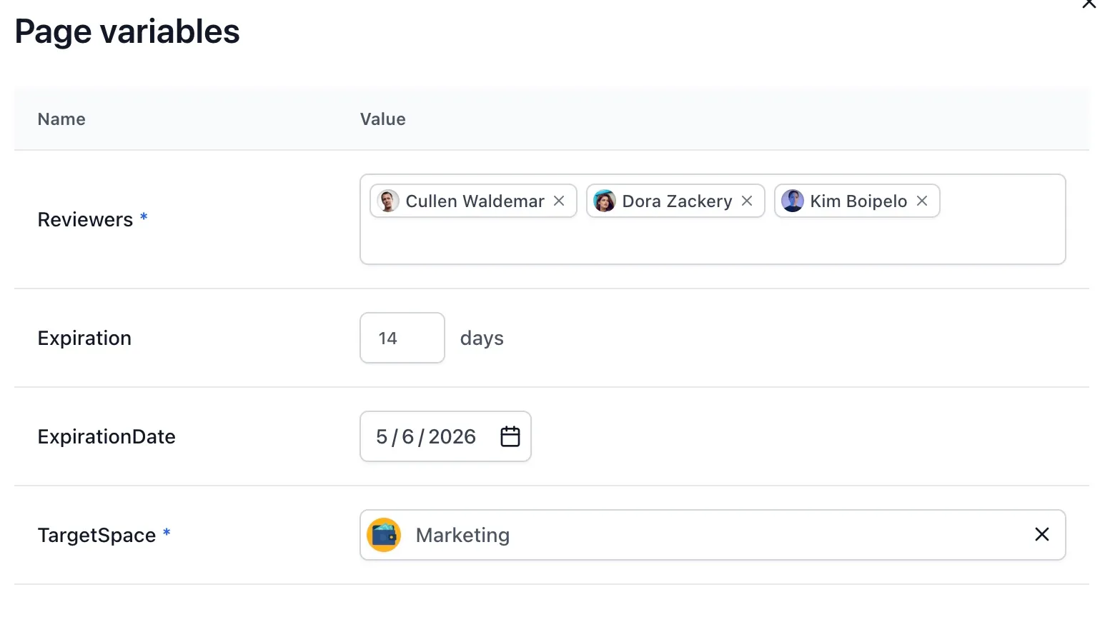 Page variables modal listing the variables and metadata fields a workflow expects