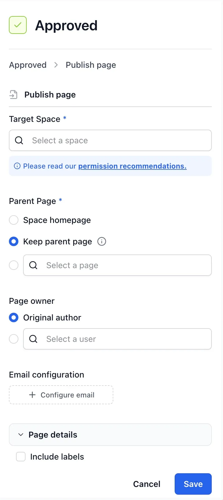 Publish page action form with target space, parent page, and owner fields