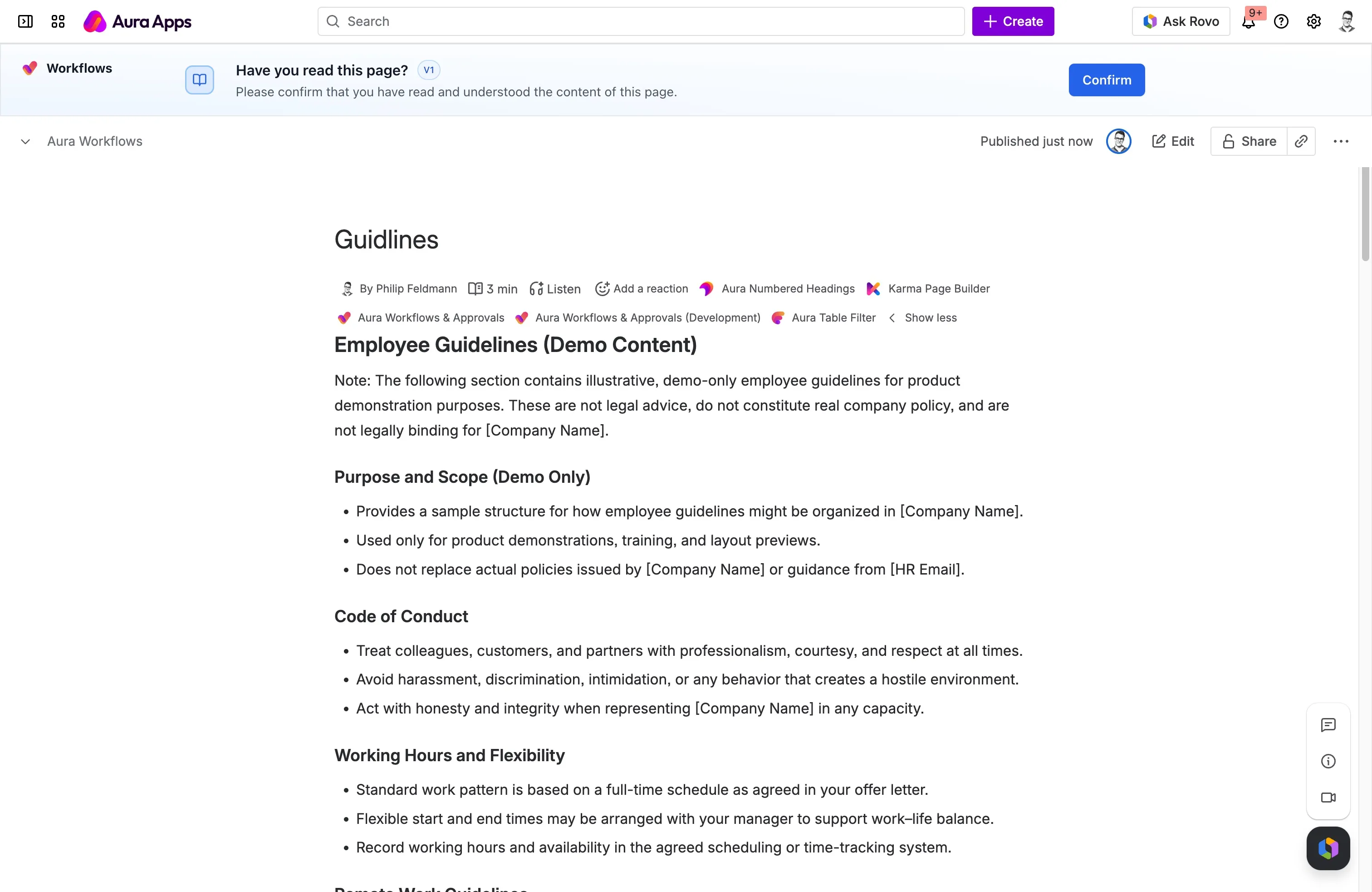 Read-confirmations banner at the top of a Confluence page asking the reader to confirm they have read the page, with a version badge and a Confirm button