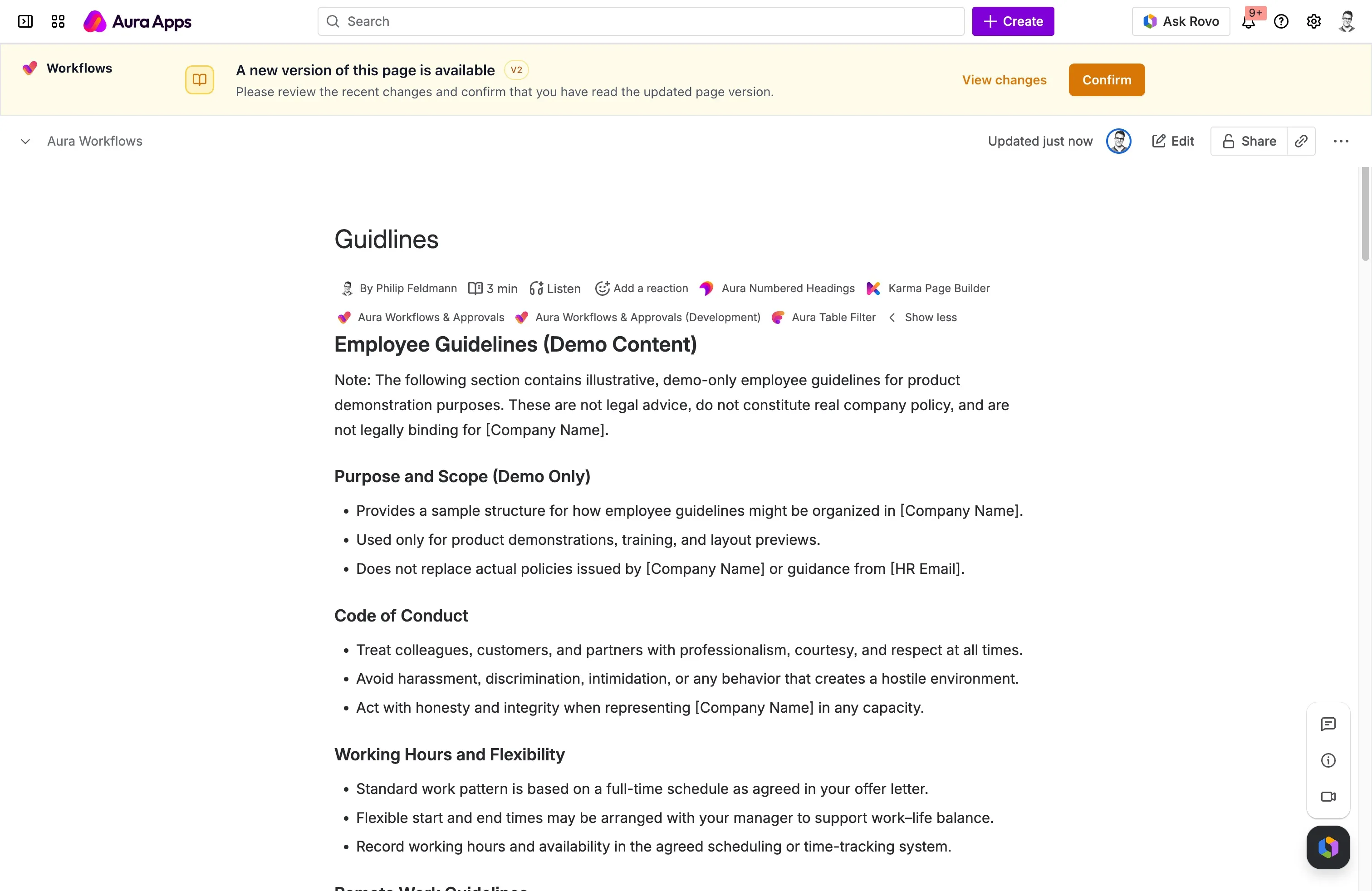 Stale read-confirmations banner with a warning colour, a View changes link, and a Confirm button prompting the user to re-confirm the updated version