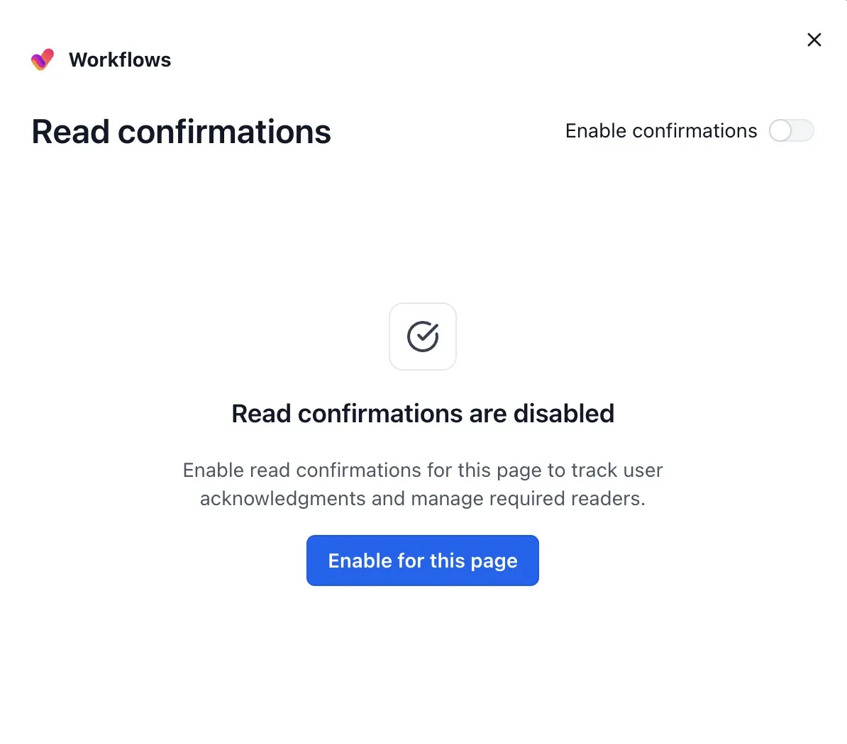 Aura Read Confirmations dialog showing the disabled state with an Enable for this page button and the Enable confirmations switch turned off in the top-right