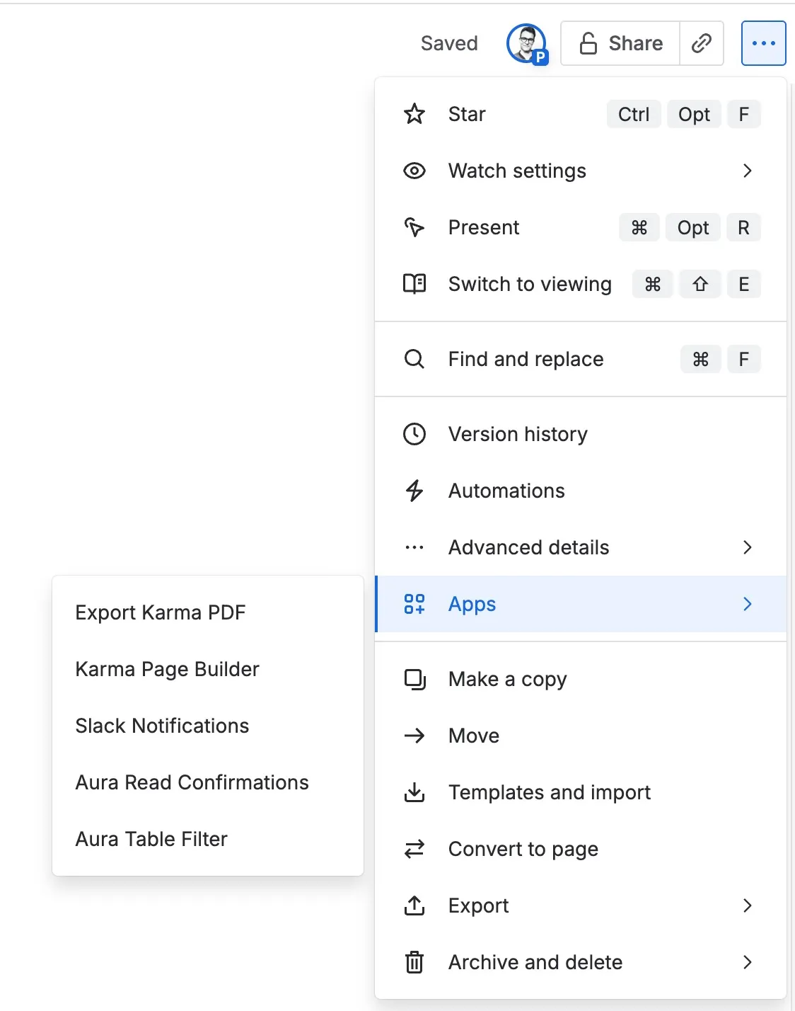 Confluence content actions menu open with the Apps submenu expanded showing Aura Read Confirmations