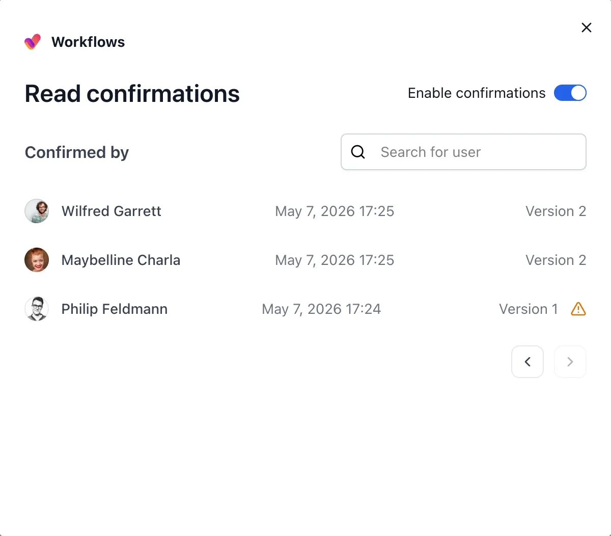 Confirmed by list inside the Read Confirmations dialog showing several users with confirmation timestamps and version numbers, one row marked with a stale-version warning icon