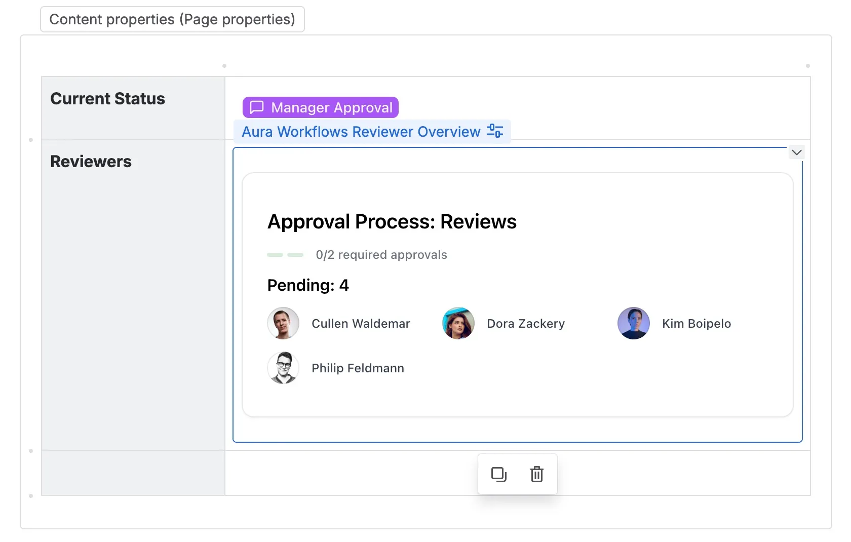 Reviewers macro on a page showing approval progress, the Reviews section with completed votes, and a Pending section listing remaining reviewers
