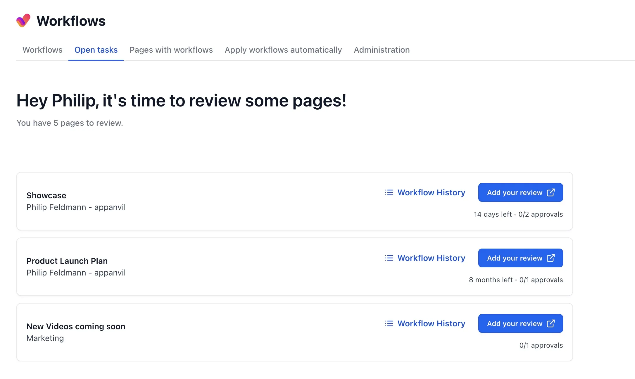 Open tasks tab in Aura Workflows showing pages waiting for the current user to review