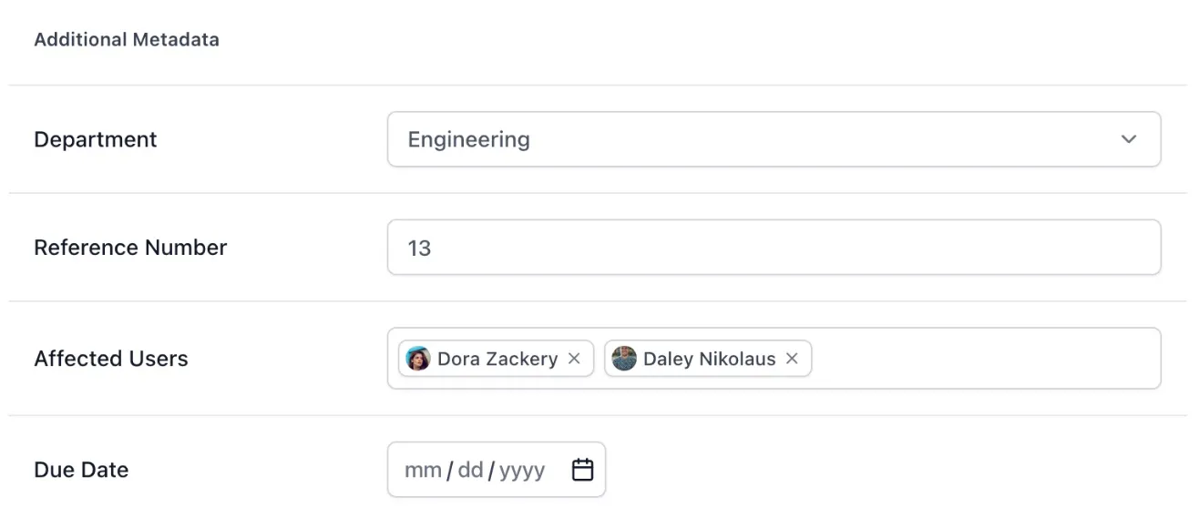 Add metadata field modal with name, type, and required toggle