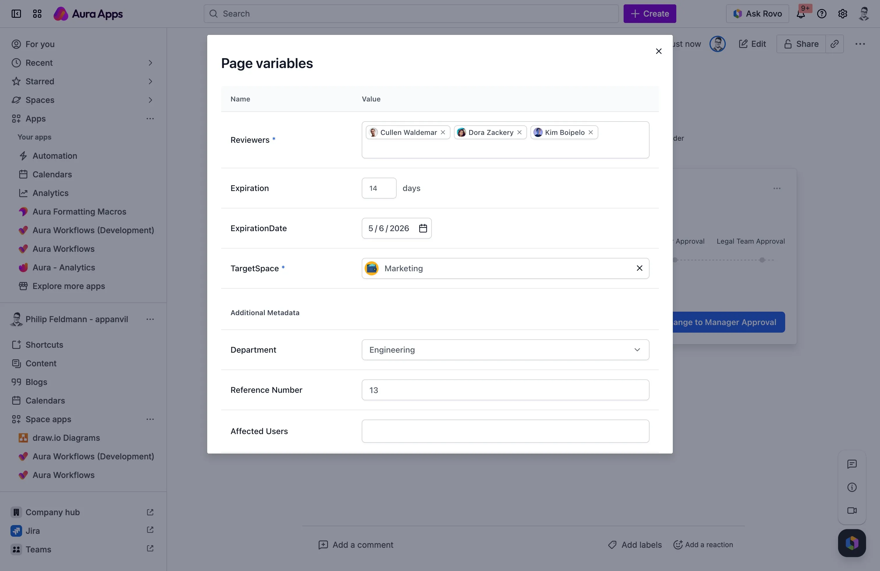 Page variables modal an admin sees when applying a workflow, with a row per variable and a metadata section below